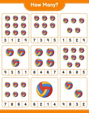 Maç sayısı, kaç voleybol. Eğitimsel çocuk oyunu, yazdırılabilir çalışma tablosu, vektör illüstrasyonu