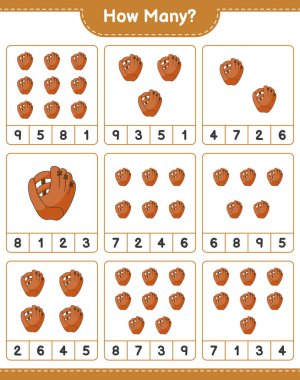 Maç sayısı, kaç beyzbol eldiveni. Eğitimsel çocuk oyunu, yazdırılabilir çalışma tablosu, vektör illüstrasyonu