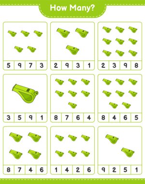 Sayma oyunu, kaç ıslık. Eğitimsel çocuk oyunu, yazdırılabilir çalışma tablosu, vektör illüstrasyonu