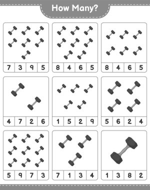 Oyun sayıyorum, kaç tane Dumbbell. Eğitimsel çocuk oyunu, yazdırılabilir çalışma tablosu, vektör illüstrasyonu