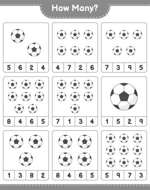 Maç saymak, kaç futbol topu. Eğitimsel çocuk oyunu, yazdırılabilir çalışma tablosu, vektör illüstrasyonu