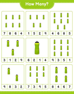 Sport Water Bottle 'ı sayıyorum. Eğitimsel çocuk oyunu, yazdırılabilir çalışma tablosu, vektör illüstrasyonu