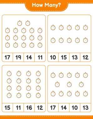 Maç sayıyorum, kaç tane Stopwatch var. Eğitimsel çocuk oyunu, yazdırılabilir çalışma tablosu, vektör illüstrasyonu