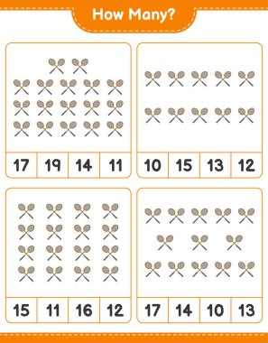 Maç sayıyorum, kaç tane Badminton Raketi var. Eğitimsel çocuk oyunu, yazdırılabilir çalışma tablosu, vektör illüstrasyonu