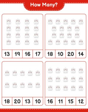 Maç sayıyorum, kaç tane bowling topu var. Eğitimsel çocuk oyunu, yazdırılabilir çalışma tablosu, vektör illüstrasyonu