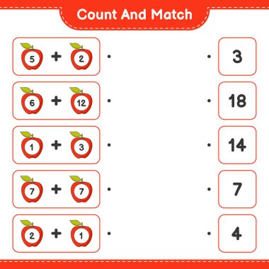 Say ve eşleştir, Apple 'ın sayısını say ve doğru sayılarla eşleştir. Eğitimsel çocuk oyunu, yazdırılabilir çalışma tablosu, vektör illüstrasyonu