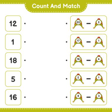 Say ve eşleştir, Şapka sayısını say ve doğru numaralarla eşleştir. Eğitimsel çocuk oyunu, yazdırılabilir çalışma tablosu, vektör illüstrasyonu