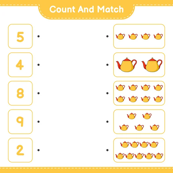计数和匹配 计数茶壶的数量和匹配的正确数字 教育儿童游戏 可打印工作表 矢量图解 — 图库矢量图片