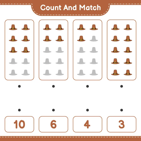 Подсчитайте Сравните Посчитайте Количество Шляп Сопоставьте Правильными Номерами Образовательные Игры — стоковый вектор