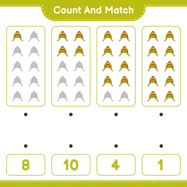计数和匹配 计数帽子的数量 并与正确的数字匹配 教育儿童游戏 可打印工作表 矢量图解 — 图库矢量图片