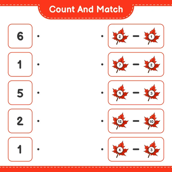Граф Співпадіння Порахуйте Кількість Maple Leaf Співпадіть Правильними Числами Навчальна — стоковий вектор