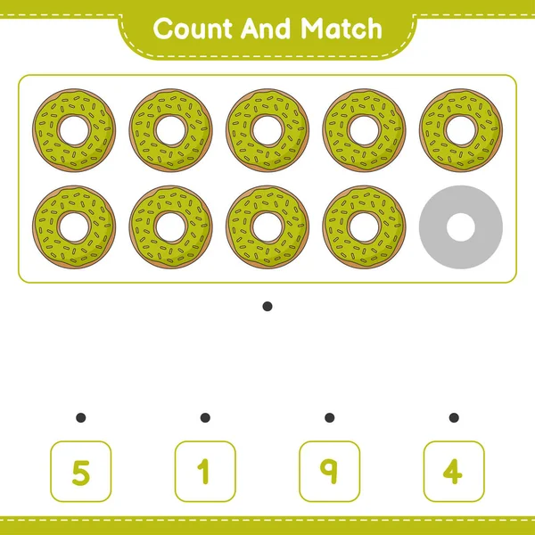 计数和匹配 计数多努特的数量和匹配与正确的数字 教育儿童游戏 可打印工作表 矢量图解 — 图库矢量图片