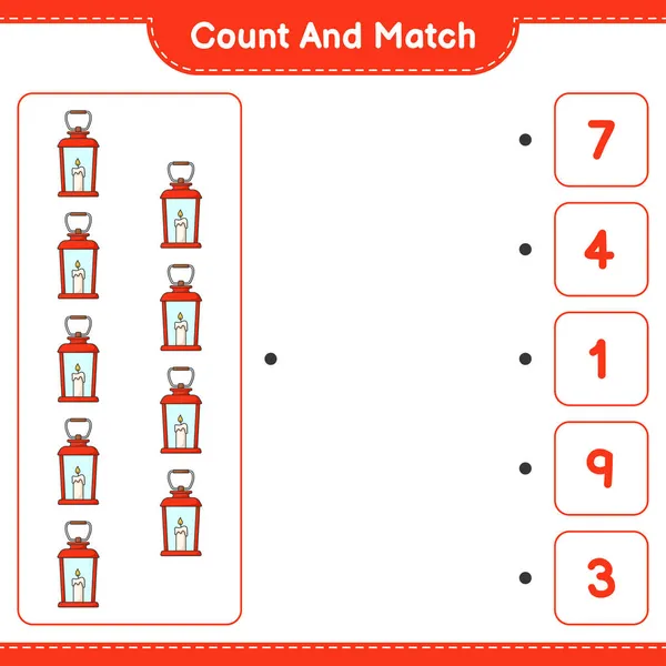 Подсчитайте Сравните Посчитайте Число Фонарей Сравните Правильными Числами Образовательные Игры — стоковый вектор