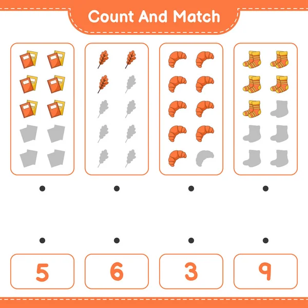 Count Match Count Number Oak Leaf Socks Book Croissant Match — Stock Vector