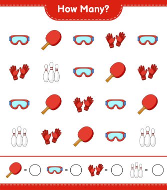 Sayma oyunu, kaç bovling pimi, kaç goggle, kaç masa tenisi raketi ve kaleci eldiveni. Eğitimsel çocuk oyunu, yazdırılabilir çalışma tablosu, vektör illüstrasyonu