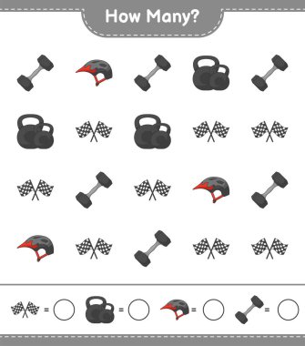 Oyun sayma, kaç tane Dumbbell, Yarış Bayrağı ve Bisiklet Kaskı. Eğitimsel çocuk oyunu, yazdırılabilir çalışma tablosu, vektör illüstrasyonu