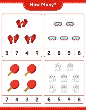 Sayma oyunu, kaç bovling pimi, kaç goggle, kaç masa tenisi raketi ve kaleci eldiveni. Eğitimsel çocuk oyunu, yazdırılabilir çalışma tablosu, vektör illüstrasyonu