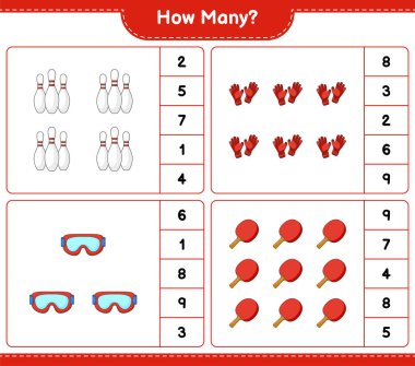 Sayma oyunu, kaç bovling pimi, kaç goggle, kaç masa tenisi raketi ve kaleci eldiveni. Eğitimsel çocuk oyunu, yazdırılabilir çalışma tablosu, vektör illüstrasyonu