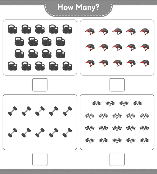 Jogo Contagem Quantos Halteres Bandeiras Corrida Capacete Bicicleta Jogo Crianças —  Vetores de Stock