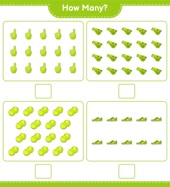 Подсчет Игры Сколько Пенопласта Свисток Теннисный Мяч Кроссовки Образовательные Игры — стоковый вектор