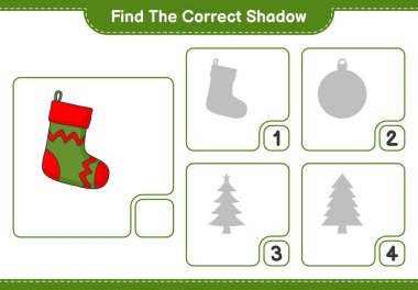 Doğru gölgeyi bul. Noel Çorabı 'nın doğru gölgesini bul ve eşleştir. Eğitimsel çocuk oyunu, yazdırılabilir çalışma tablosu, vektör illüstrasyonu