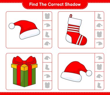 Doğru gölgeyi bul. Noel Baba Şapkası, Hediye Kutusu ve Noel Çorabı 'nın doğru gölgesini bul ve eşleştir. Eğitimsel çocuk oyunu, yazdırılabilir çalışma tablosu, vektör illüstrasyonu