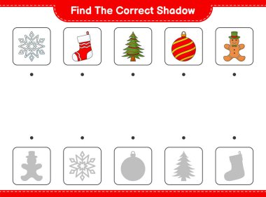 Doğru gölgeyi bul. Kar Tanesi, Noel Çorabı, Noel Ağacı, Noel Balosu ve Zencefilli Ekmek Adam 'ın doğru gölgesini bul ve eşleştir. Eğitimsel çocuk oyunu, yazdırılabilir çalışma tablosu, vektör illüstrasyonu