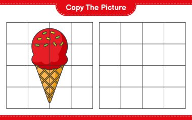 Resmi kopyala, Dondurma 'nın ızgara hatlarını kullanarak fotoğrafını kopyala. Eğitimsel çocuk oyunu, yazdırılabilir çalışma tablosu, vektör illüstrasyonu