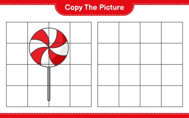 Resmi kopyala, Candy 'nin ızgara hatlarını kullandığı resmi kopyala. Eğitimsel çocuk oyunu, yazdırılabilir çalışma tablosu, vektör illüstrasyonu
