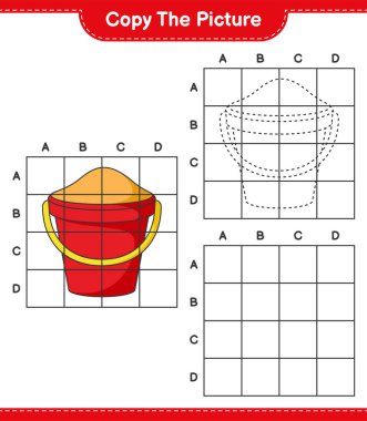 Resmi kopyala, Kum Kovası 'nın ızgara hatlarını kullanarak fotoğrafını kopyala. Eğitimsel çocuk oyunu, yazdırılabilir çalışma tablosu, vektör illüstrasyonu