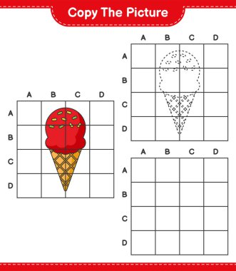 Resmi kopyala, Dondurma 'nın ızgara hatlarını kullanarak fotoğrafını kopyala. Eğitimsel çocuk oyunu, yazdırılabilir çalışma tablosu, vektör illüstrasyonu