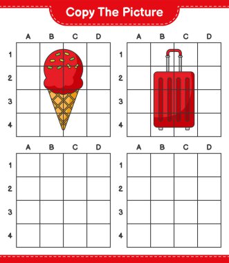 Resmi kopyala, Dondurma ve Seyahat Çantası 'nın fotoğrafını ızgara hatlarıyla kopyala. Eğitimsel çocuk oyunu, yazdırılabilir çalışma tablosu, vektör illüstrasyonu
