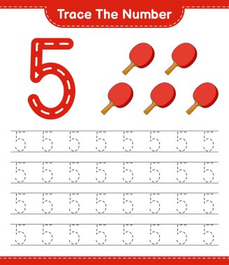 Numarayı takip et. Ping Pong raketinin takip numarası. Eğitimsel çocuk oyunu, yazdırılabilir çalışma tablosu, vektör illüstrasyonu
