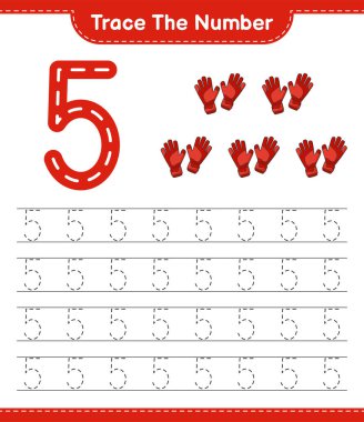 Numarayı takip et. Kaleci Eldivenleri 'nin takip numarası. Eğitimsel çocuk oyunu, yazdırılabilir çalışma tablosu, vektör illüstrasyonu