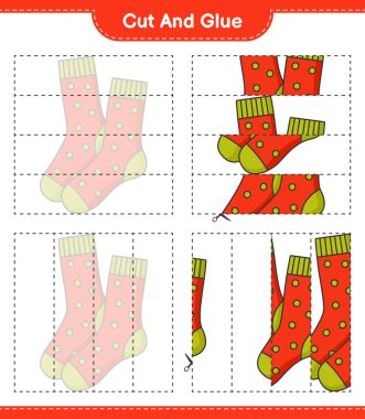 Kes ve yapıştır, Çorap parçalarını kes ve yapıştır. Eğitimsel çocuk oyunu, yazdırılabilir çalışma tablosu, vektör illüstrasyonu