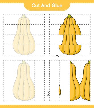 Kes ve yapıştır, Butternut Squash 'ın parçalarını kes ve yapıştır. Eğitimsel çocuk oyunu, yazdırılabilir çalışma tablosu, vektör illüstrasyonu