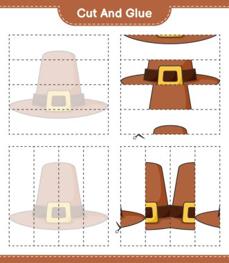Kes ve yapıştır, Şapka parçalarını kes ve yapıştır. Eğitimsel çocuk oyunu, yazdırılabilir çalışma tablosu, vektör illüstrasyonu