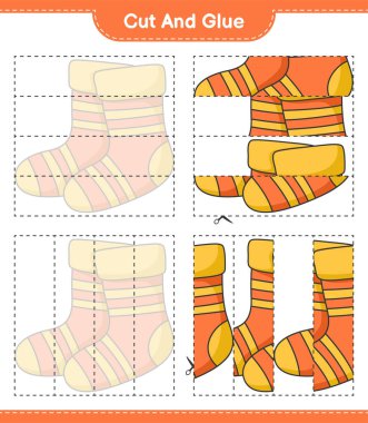 Kes ve yapıştır, Çorap parçalarını kes ve yapıştır. Eğitimsel çocuk oyunu, yazdırılabilir çalışma tablosu, vektör illüstrasyonu