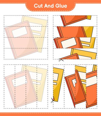 Kes ve yapıştır, Kitap parçalarını kes ve yapıştır. Eğitimsel çocuk oyunu, yazdırılabilir çalışma tablosu, vektör illüstrasyonu
