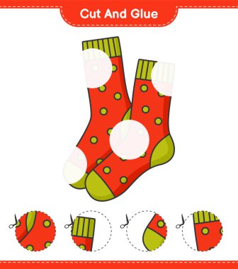 Kes ve yapıştır, Çorap parçalarını kes ve yapıştır. Eğitimsel çocuk oyunu, yazdırılabilir çalışma tablosu, vektör illüstrasyonu