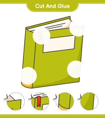 Kes ve yapıştır, Kitap parçalarını kes ve yapıştır. Eğitimsel çocuk oyunu, yazdırılabilir çalışma tablosu, vektör illüstrasyonu