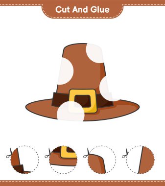 Kes ve yapıştır, Şapka parçalarını kes ve yapıştır. Eğitimsel çocuk oyunu, yazdırılabilir çalışma tablosu, vektör illüstrasyonu
