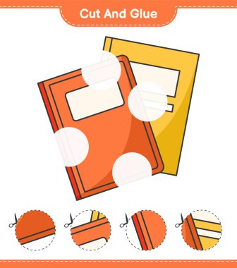 Kes ve yapıştır, Kitap parçalarını kes ve yapıştır. Eğitimsel çocuk oyunu, yazdırılabilir çalışma tablosu, vektör illüstrasyonu