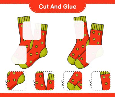 Kes ve yapıştır, Çorap parçalarını kes ve yapıştır. Eğitimsel çocuk oyunu, yazdırılabilir çalışma tablosu, vektör illüstrasyonu