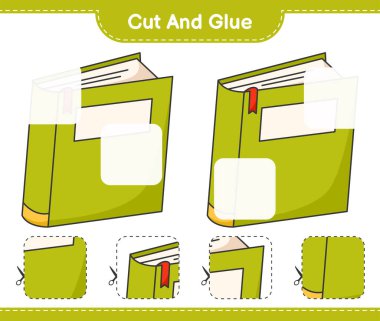 Kes ve yapıştır, Kitap parçalarını kes ve yapıştır. Eğitimsel çocuk oyunu, yazdırılabilir çalışma tablosu, vektör illüstrasyonu