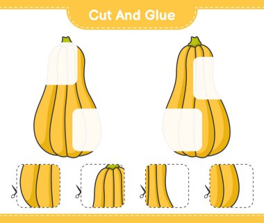 Kes ve yapıştır, Butternut Squash 'ın parçalarını kes ve yapıştır. Eğitimsel çocuk oyunu, yazdırılabilir çalışma tablosu, vektör illüstrasyonu