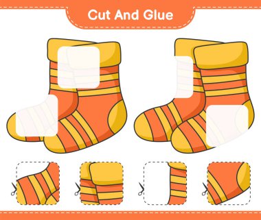 Kes ve yapıştır, Çorap parçalarını kes ve yapıştır. Eğitimsel çocuk oyunu, yazdırılabilir çalışma tablosu, vektör illüstrasyonu