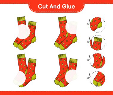 Kes ve yapıştır, Çorap parçalarını kes ve yapıştır. Eğitimsel çocuk oyunu, yazdırılabilir çalışma tablosu, vektör illüstrasyonu