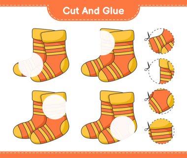 Kes ve yapıştır, Çorap parçalarını kes ve yapıştır. Eğitimsel çocuk oyunu, yazdırılabilir çalışma tablosu, vektör illüstrasyonu