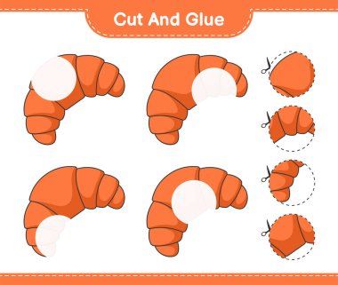Kes ve yapıştır, kruvasan parçalarını kes ve yapıştır. Eğitimsel çocuk oyunu, yazdırılabilir çalışma tablosu, vektör illüstrasyonu